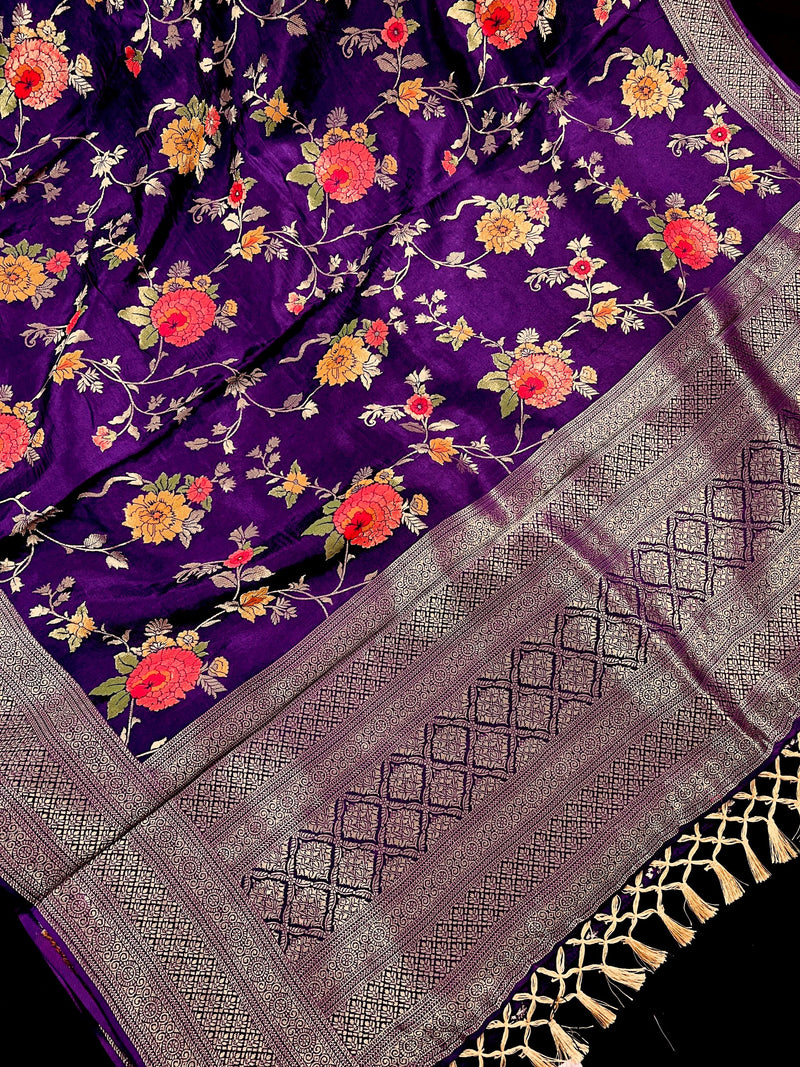 Statement Floral Jaal Saree in Purple Color in Pure Satin Silk  - Handwoven Saree = Silk Mark Certified