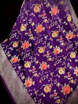 Statement Floral Jaal Saree in Purple Color in Pure Satin Silk  - Handwoven Saree = Silk Mark Certified