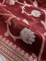 Brick Red Semi Banarasi Silk Saree with Copper Zari | Floral Pattern Jaal in Copper and Sliver Zari | Silk Sarees