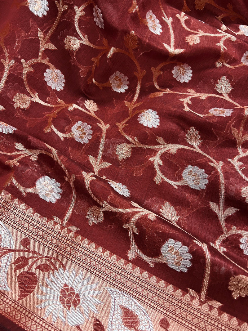 Brick Red Semi Banarasi Silk Saree with Copper Zari | Floral Pattern Jaal in Copper and Sliver Zari | Silk Sarees