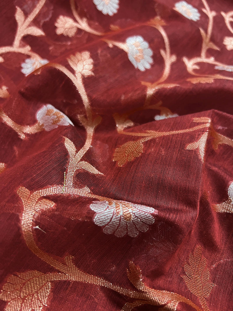 Brick Red Semi Banarasi Silk Saree with Copper Zari | Floral Pattern Jaal in Copper and Sliver Zari | Silk Sarees