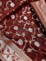 Brick Red Semi Banarasi Silk Saree with Copper Zari | Floral Pattern Jaal in Copper and Sliver Zari | Silk Sarees