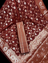 Brick Red Semi Banarasi Silk Saree with Copper Zari | Floral Pattern Jaal in Copper and Sliver Zari | Silk Sarees