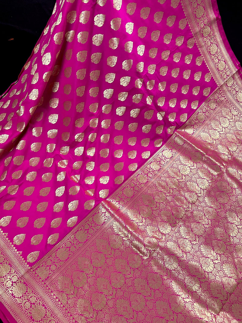 Hot Pink Color Banarasi Silk Saree in Gold Zari Weave Work