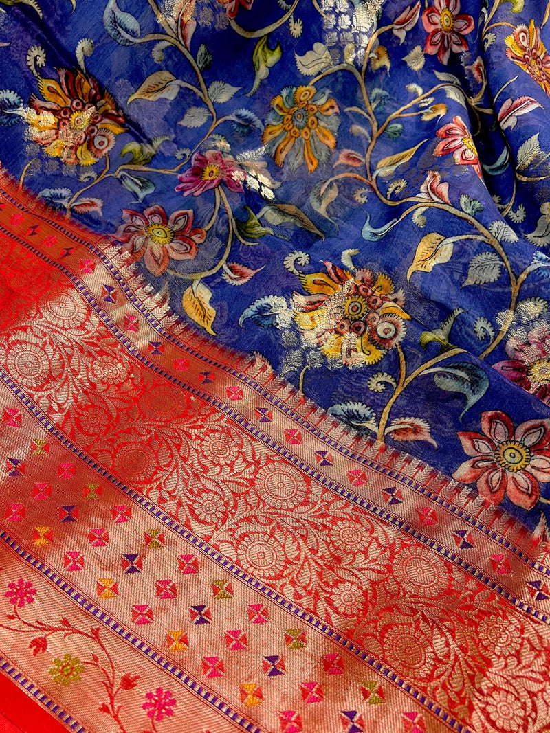 Blue and Red  Pure Chiniya Silk Saree with Floral Digital Prints | Statement Sarees | Banarasi Chiniya Silk Saree