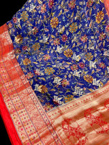 Blue and Red  Pure Chiniya Silk Saree with Floral Digital Prints | Statement Sarees | Banarasi Chiniya Silk Saree