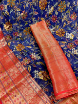 Blue and Red  Pure Chiniya Silk Saree with Floral Digital Prints | Statement Sarees | Banarasi Chiniya Silk Saree