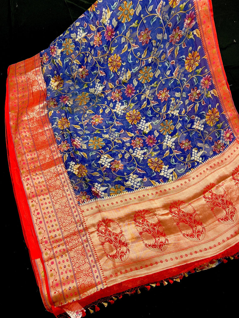 Blue and Red  Pure Chiniya Silk Saree with Floral Digital Prints | Statement Sarees | Banarasi Chiniya Silk Saree