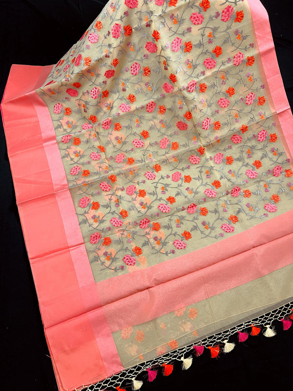 Handmade Beige Color Banarasi Kora Organza Silk Saree with Peach Color Raw Silk Patta on the Border - Floral Jaal Embroidery