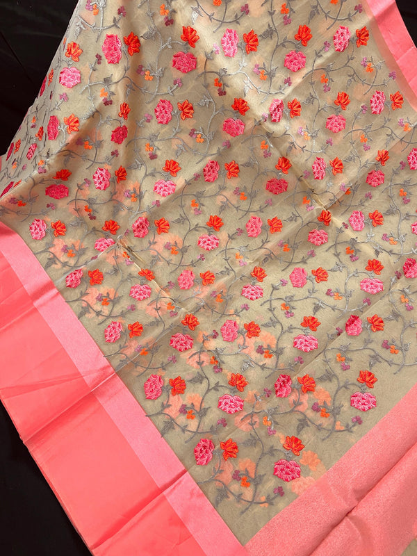 Handmade Beige Color Banarasi Kora Organza Silk Saree with Peach Color Raw Silk Patta on the Border - Floral Jaal Embroidery