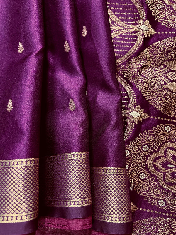 Brinjal Purple Color Banarasi Light Weight Satin Silk with Handwoven Copper Zari Weaving