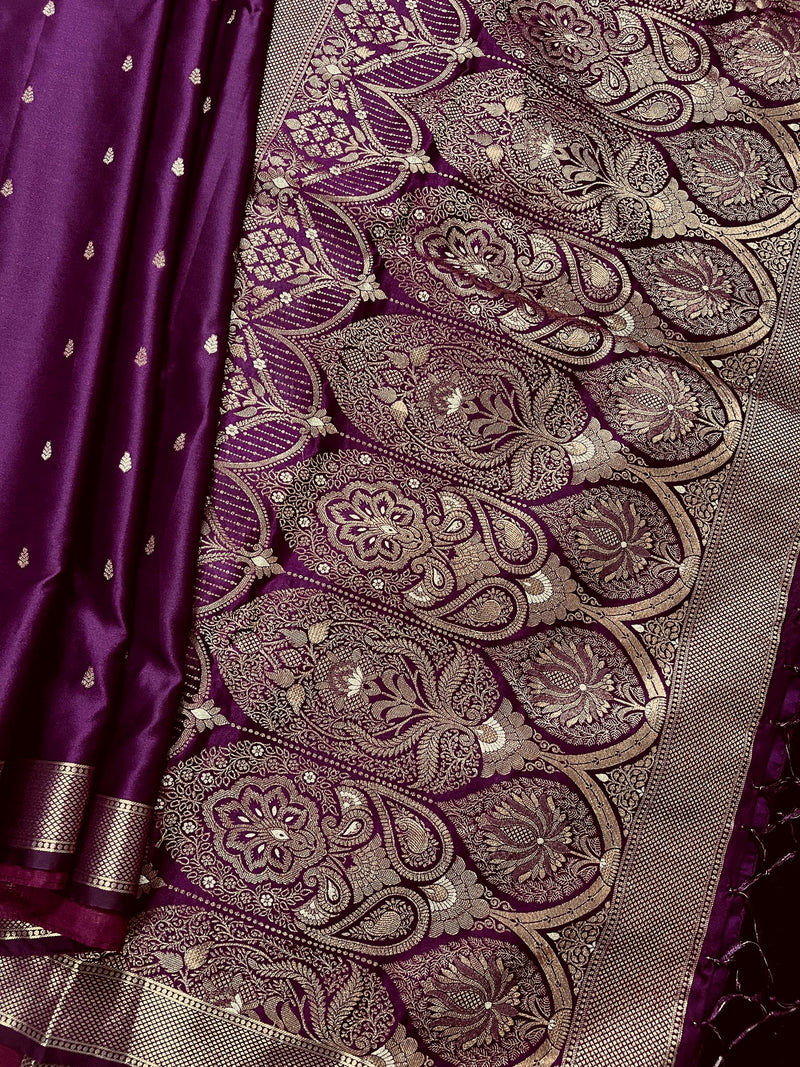 Brinjal Purple Color Banarasi Light Weight Satin Silk with Handwoven Copper Zari Weaving