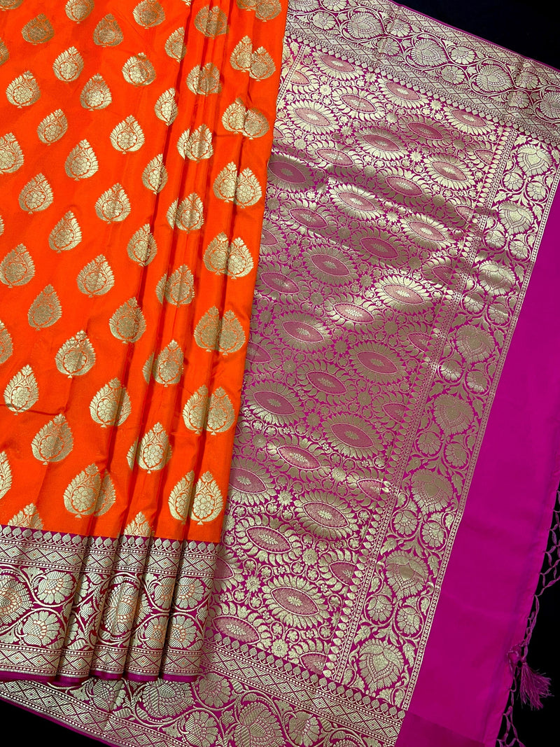 Bright Fanta Orange Traditional Banarasi handloom Saree Silk with Pink Borders and Pallu | Banarasi Soft Silk Saree