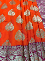 Bright Fanta Orange Traditional Banarasi handloom Saree Silk with Pink Borders and Pallu | Banarasi Soft Silk Saree