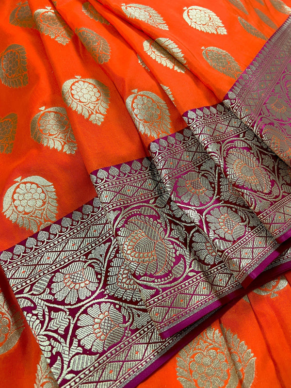 Bright Fanta Orange Traditional Banarasi handloom Saree Silk with Pink Borders and Pallu | Banarasi Soft Silk Saree