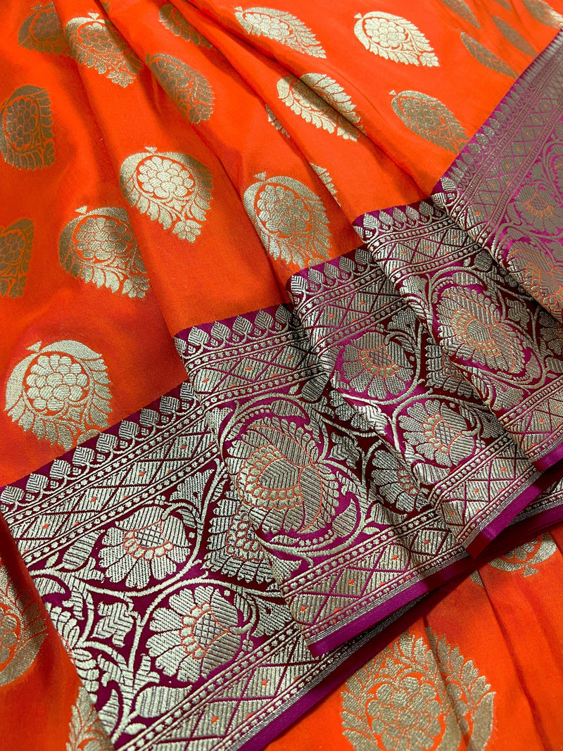 Bright Fanta Orange Traditional Banarasi handloom Saree Silk with Pink Borders and Pallu | Banarasi Soft Silk Saree