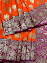 Bright Fanta Orange Traditional Banarasi handloom Saree Silk with Pink Borders and Pallu | Banarasi Soft Silk Saree