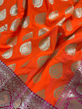 Bright Fanta Orange Traditional Banarasi handloom Saree Silk with Pink Borders and Pallu | Banarasi Soft Silk Saree