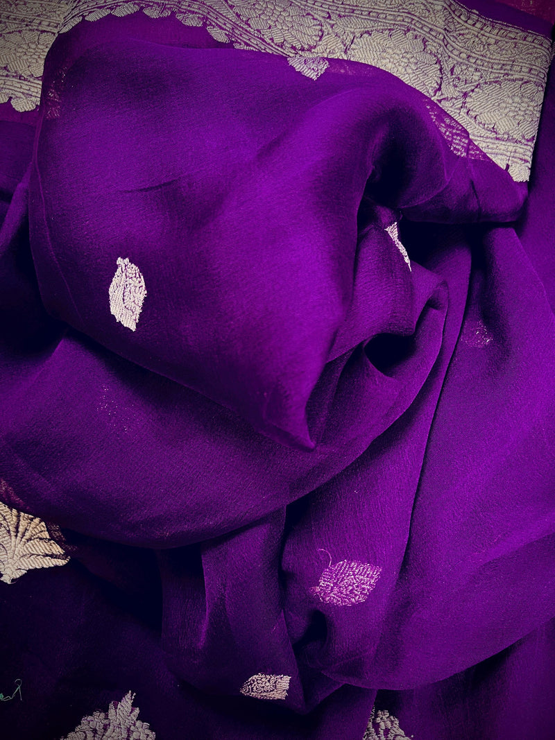 Eggplant Purple Pure Chiffon Silk Saree with Sliver Zari Work | Ambi Style Butta on the Border | Party Wear Sarees | SILK MARK CERTIFIED