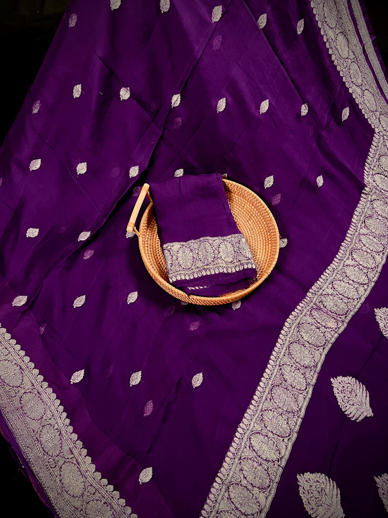 Eggplant Purple Pure Chiffon Silk Saree with Sliver Zari Work | Ambi Style Butta on the Border | Party Wear Sarees | SILK MARK CERTIFIED