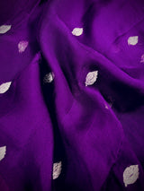 Eggplant Purple Pure Chiffon Silk Saree with Sliver Zari Work | Ambi Style Butta on the Border | Party Wear Sarees | SILK MARK CERTIFIED