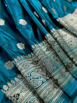 Statement Teal Blue Color Saree with Black Tanchoi Weave and Sliver Zari Banarasi Mashru Silk Saree