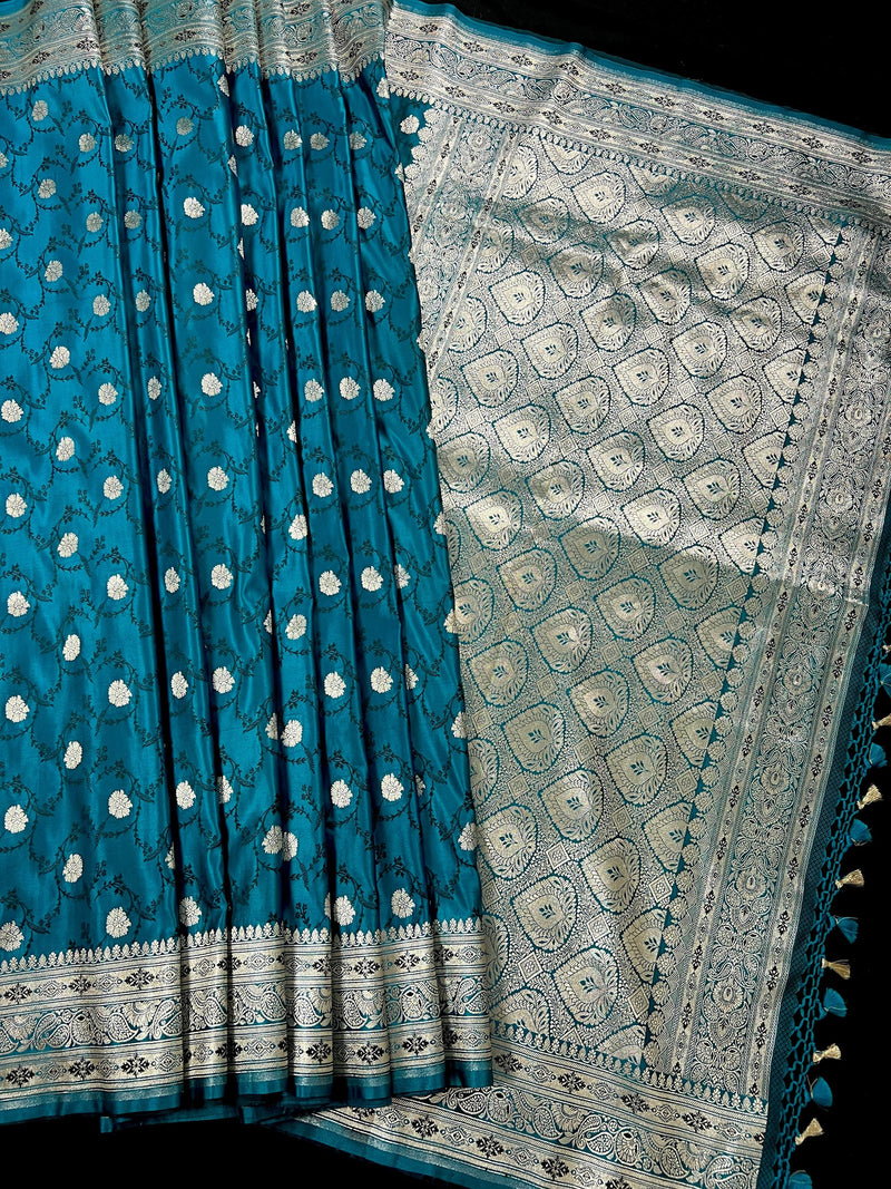 Statement Teal Blue Color Saree with Black Tanchoi Weave and Sliver Zari Banarasi Mashru Silk Saree