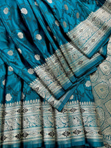 Statement Teal Blue Color Saree with Black Tanchoi Weave and Sliver Zari Banarasi Mashru Silk Saree