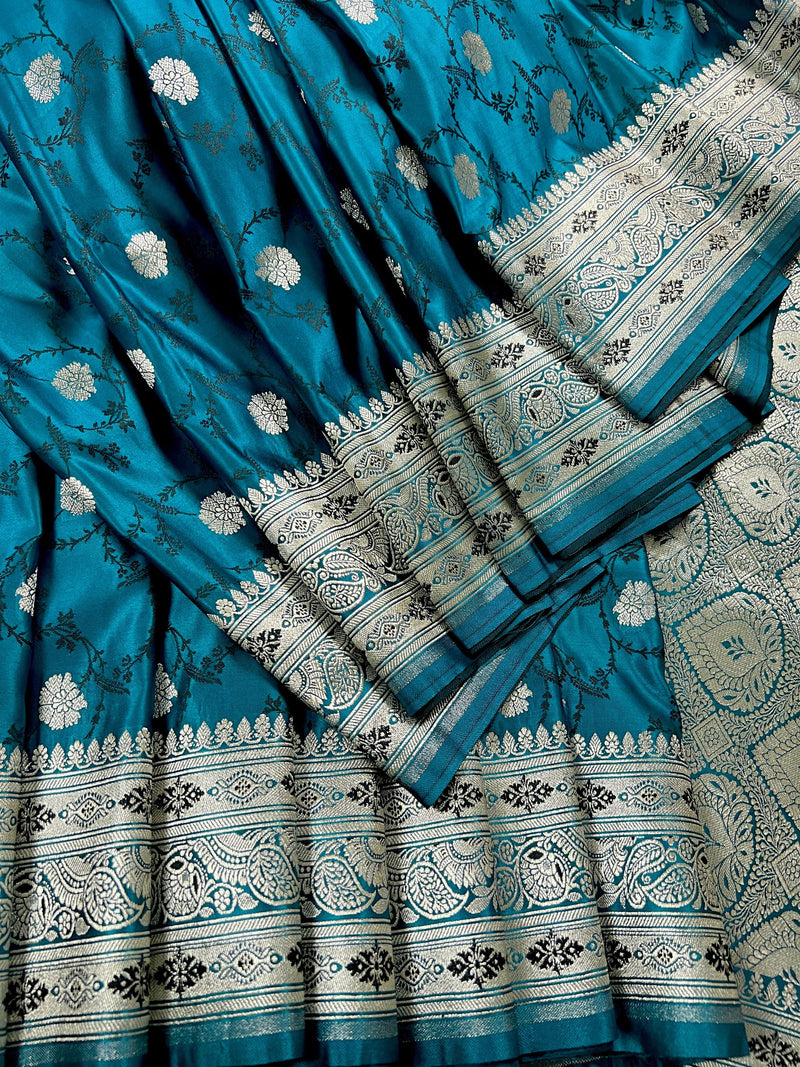 Statement Teal Blue Color Saree with Black Tanchoi Weave and Sliver Zari Banarasi Mashru Silk Saree