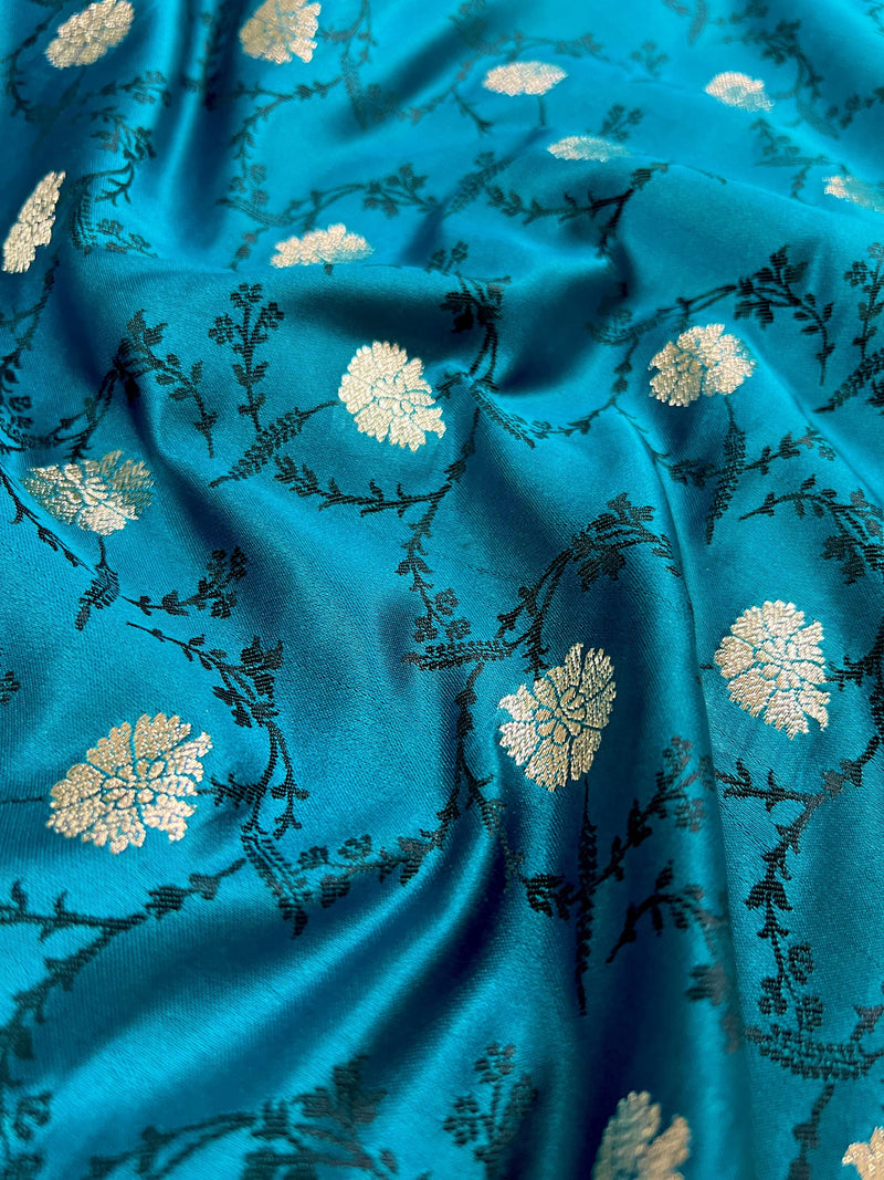 Statement Teal Blue Color Saree with Black Tanchoi Weave and Sliver Zari Banarasi Mashru Silk Saree