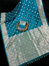 Statement Teal Blue Color Saree with Black Tanchoi Weave and Sliver Zari Banarasi Mashru Silk Saree