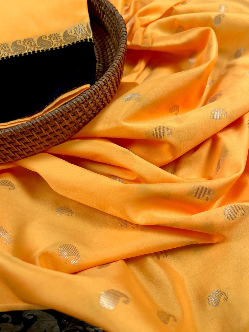 Statement Designer Yellow with Black border and Pallu Saree | Banarasi Silk Saree | Soft Silk Saree