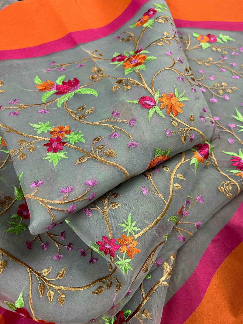 Handmade Grey Banarasi Organza Kora Silk Saree with Orange and Pink Raw Silk Patta on the Border - Floral Embroidery  Saree