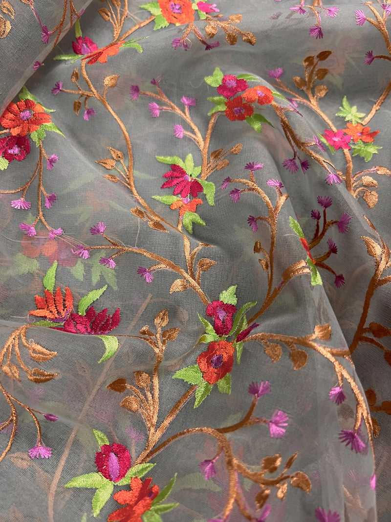 Handmade Grey Banarasi Organza Kora Silk Saree with Orange and Pink Raw Silk Patta on the Border - Floral Embroidery  Saree