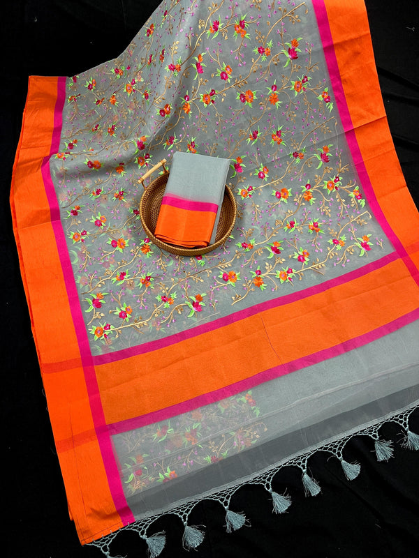 Handmade Grey Banarasi Organza Kora Silk Saree with Orange and Pink Raw Silk Patta on the Border - Floral Embroidery  Saree