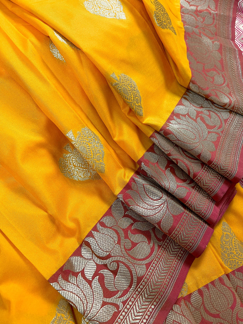 Yellow with Pink combination Traditional Banarasi Semi Katan Handloom Saree with Lotus Borders | Silk Saree