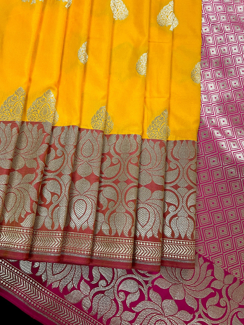 Yellow with Pink combination Traditional Banarasi Semi Katan Handloom Saree with Lotus Borders | Silk Saree