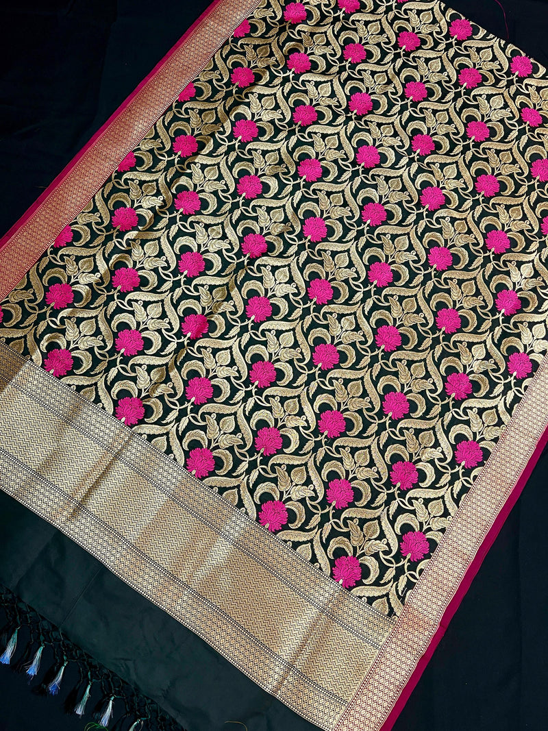 Black Color Floral Jaal Banarasi Silk Dupatta | Meenkari Hot Pink Flowers with Grand Borders | Floral Dupatta | Benarasi Dupatta