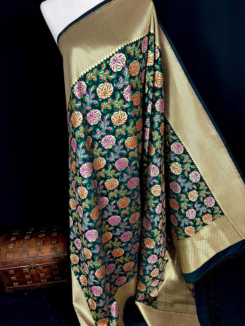 Black Floral Dupatta with Meenakari Weave Jaal - Banarasi Silk Dupatta - Grand Borders -  Floral Dupatta - Benarasi Dupatta - Gift For Her