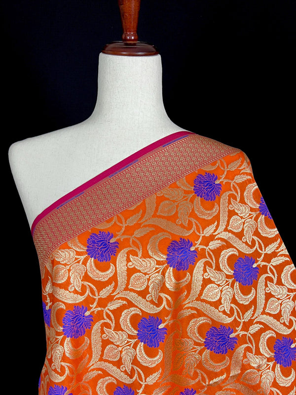 Orange Color Floral Jaal Banarasi Silk Dupatta | Meenkari Royal Blue Flowers with Grand Borders | Floral Dupatta | Benarasi Dupatta