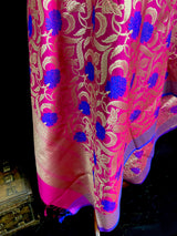 Pink Color Floral Jaal Banarasi Silk Dupatta | Meenkari Royal Blue Flowers with Grand Borders | Floral Dupatta | Benarasi Dupatta