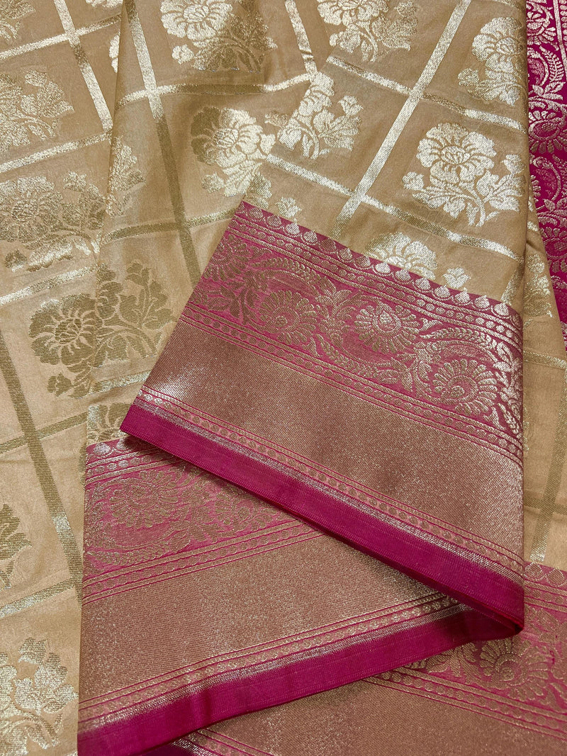 Biscuit Color Banarasi Silk Saree with Floral design with Pink combination borders and Pallu