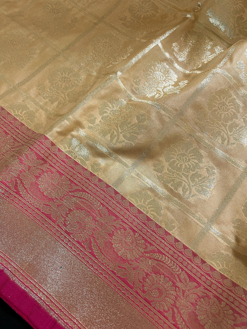 Biscuit Color Banarasi Silk Saree with Floral design with Pink combination borders and Pallu