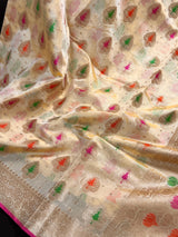 Light Gold Semi Silk Saree with Floral Jaal and Meenakari Weaving with Brocade Blouse - Banarasi Sarees - Gift for Her