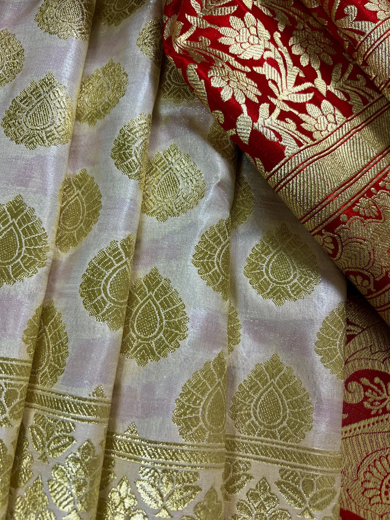 Cream and Red Half and Half Traditional Banarasi Satin Silk Saree