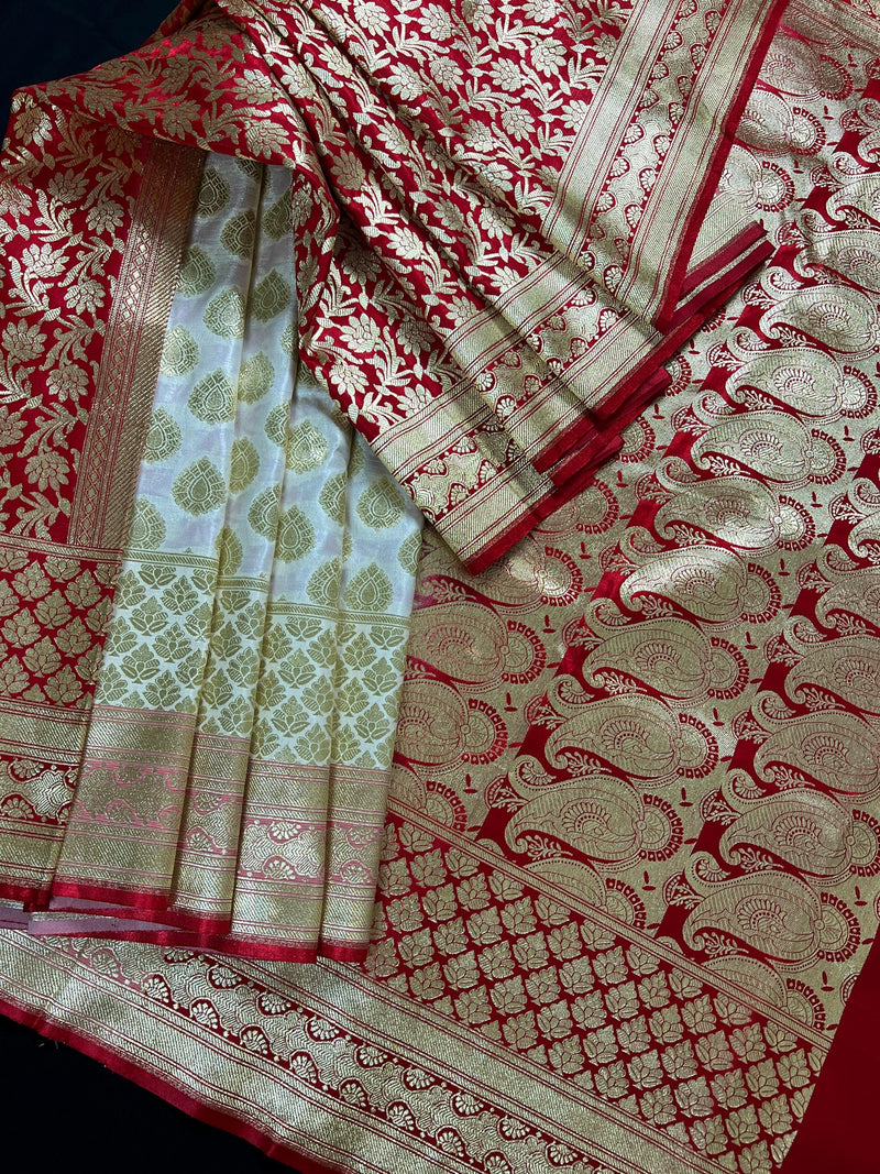 Cream and Red Half and Half Traditional Banarasi Satin Silk Saree