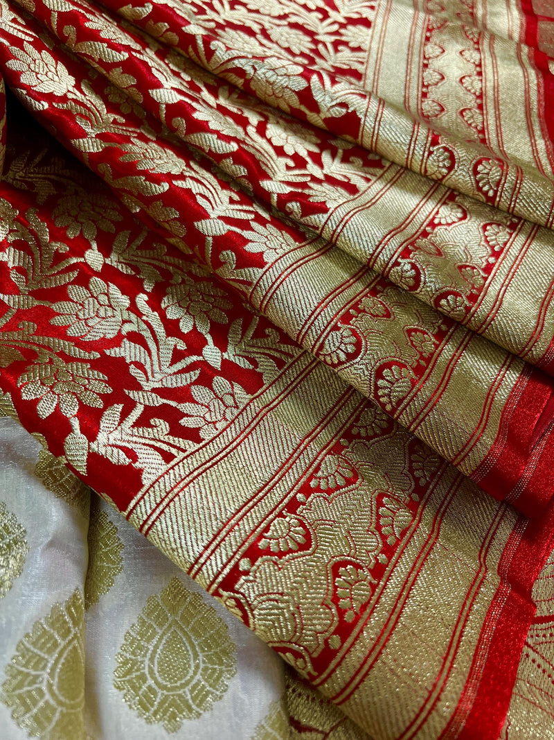 Cream and Red Half and Half Traditional Banarasi Satin Silk Saree