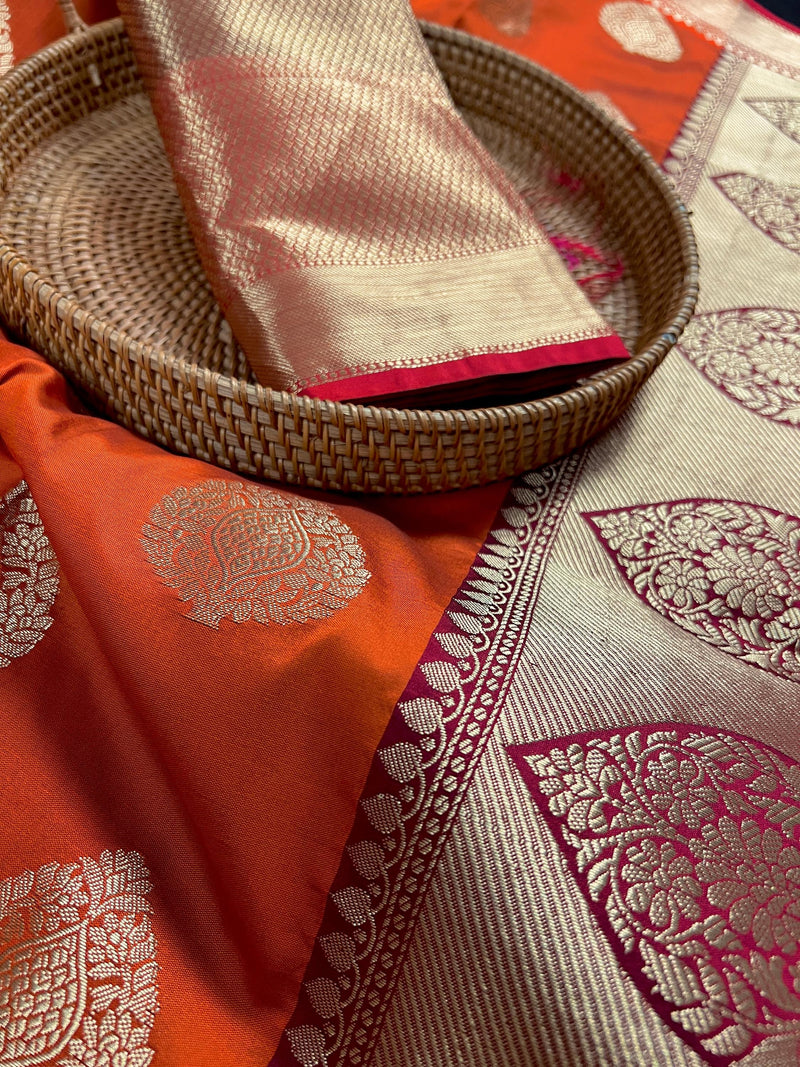 Statement Handmade Burnt Orange Color Banarasi Semi Katan Silk Saree