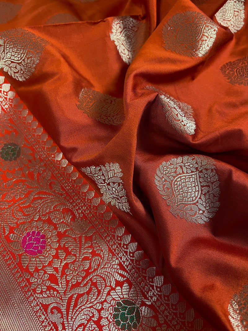 Statement Handmade Burnt Orange Color Banarasi Semi Katan Silk Saree