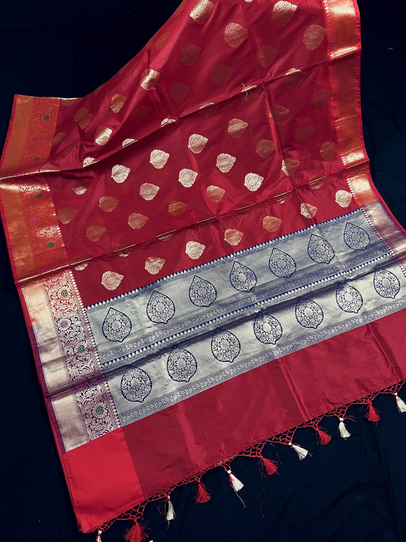 Statement Handmade Deep Red Color Banarasi Semi Katan Silk Saree